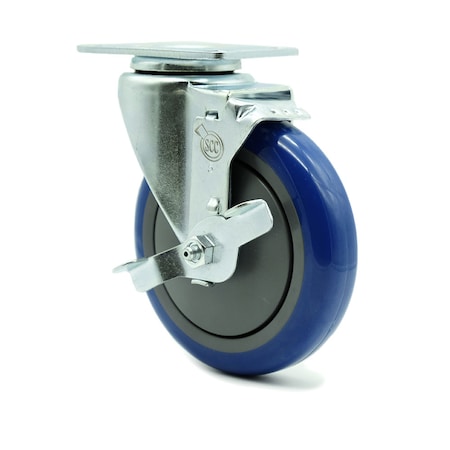 Service Caster 5 Inch Blue Polyurethane Wheel Swivel Top Plate Caster with Brake SCC SCC-20S514-PPUB-BLUE-TLB